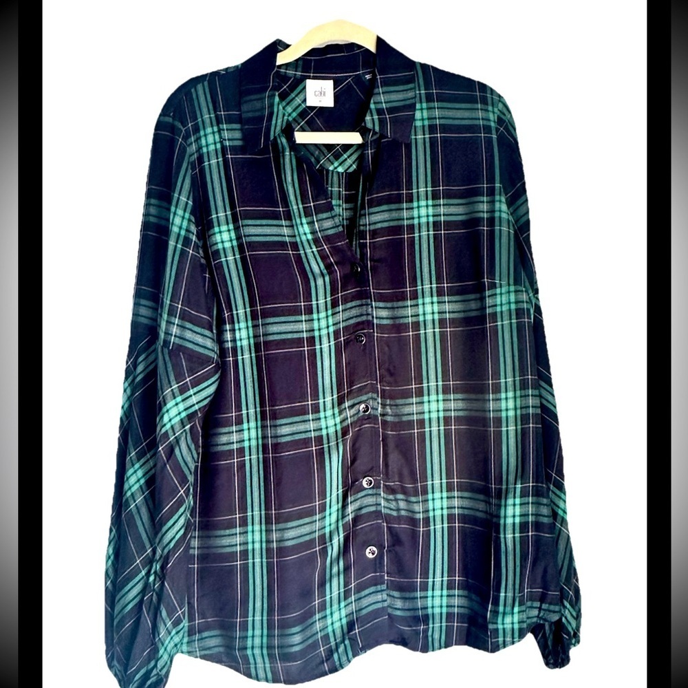 CABI Women’s Black Green Plaid Blouse Sz M